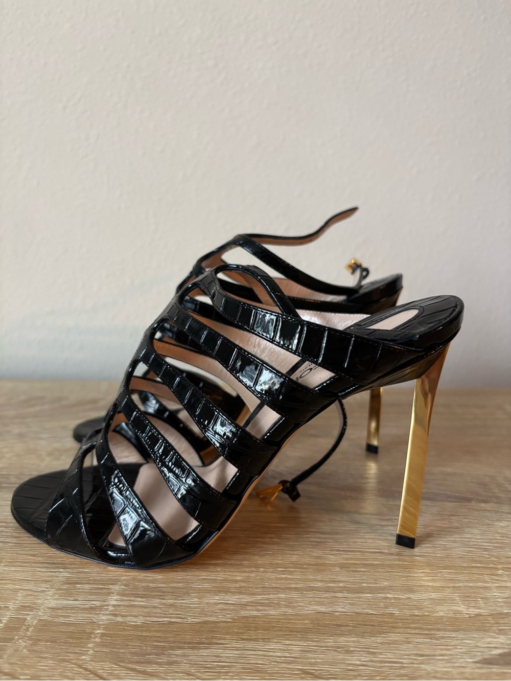 Tom Ford Black Patent Leather Cage Heels with Gold Stiletto - Picture 4 of 8